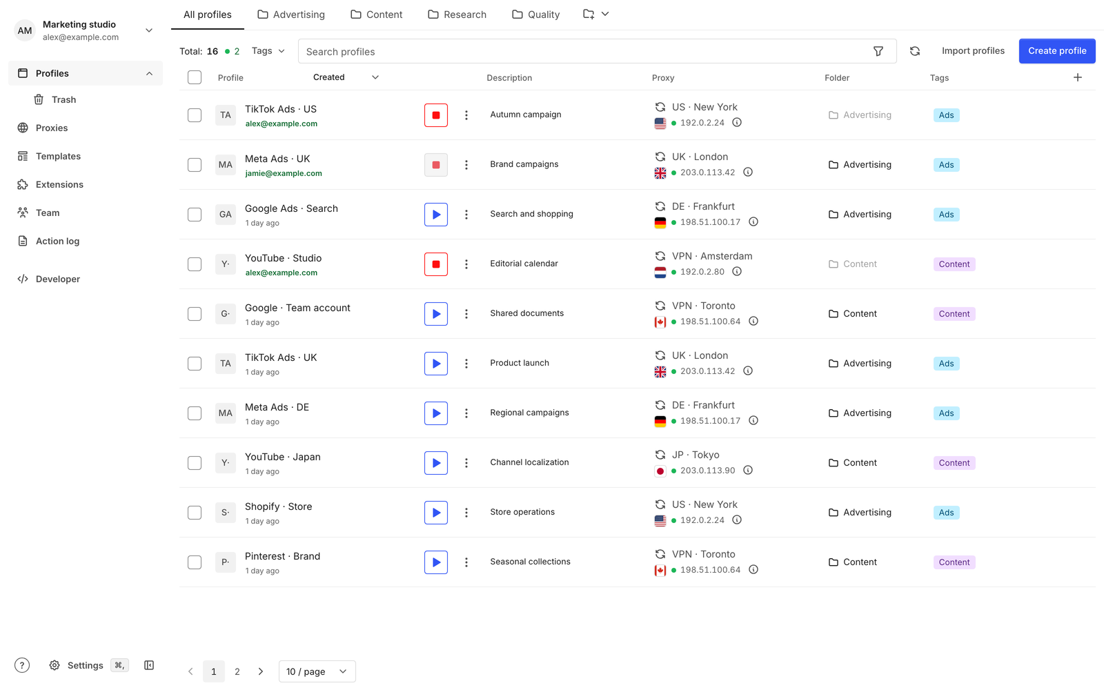 The Isoline app showing the browser profile table